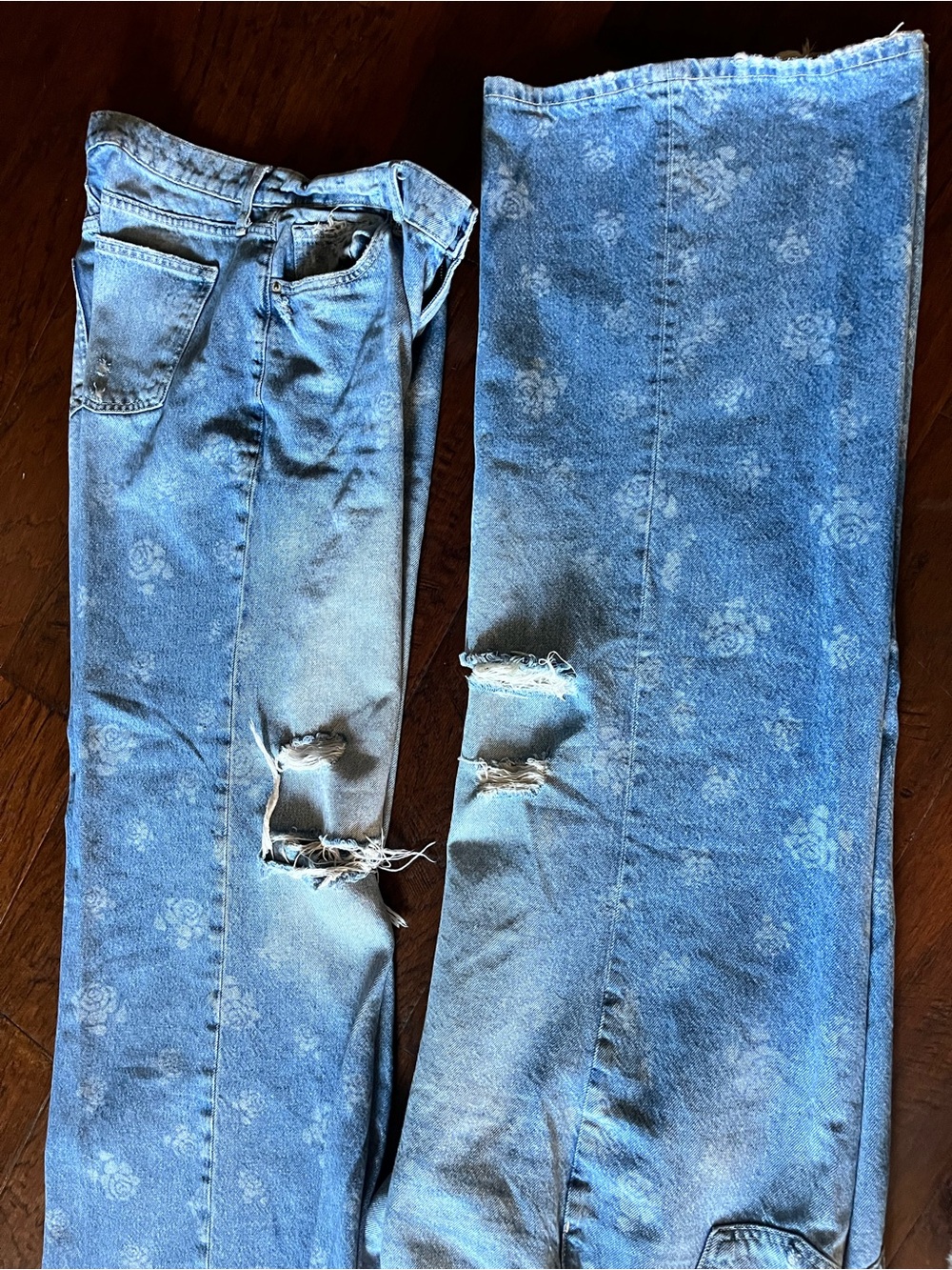 Blue Floral-Print Baggy Wide Leg Ripped women’s Jeans